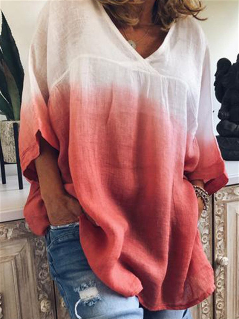 Stylish Gradient V Neck Bat Sleeve Blouses