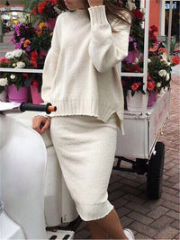 Casual Round Neck Solid Color Knit Skirt Suits