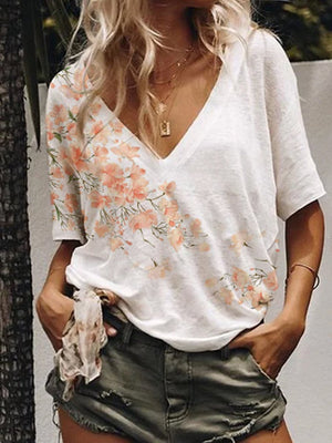 V-Neck Printed Loose Fashion T-Shirt