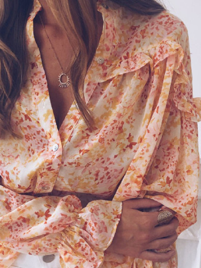 Fashion V-neck Loose Long Sleeve Floral Printed Blouse