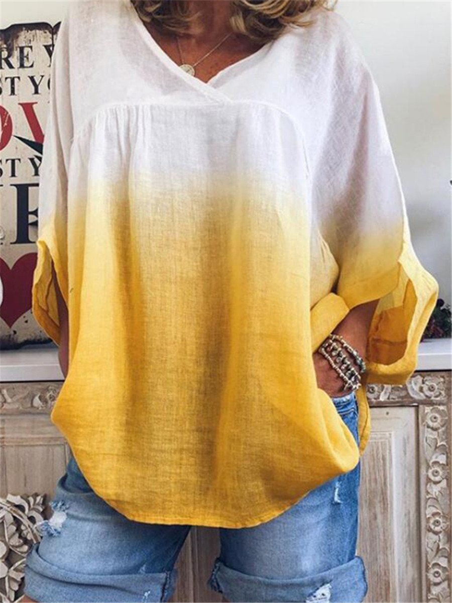 Stylish Gradient V Neck Bat Sleeve Blouses