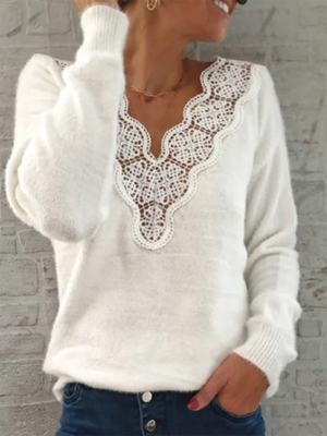 Fashion Casual V-neck Lace Long Sleeve T-shirt