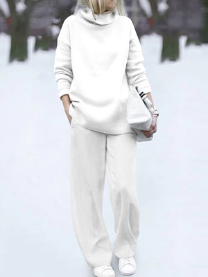 Casual Wild Pure Color Turtleneck Two-Piece Set