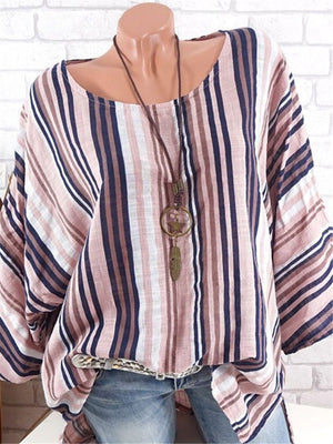 Casual Cotton Linen Stripe Print T Shirt