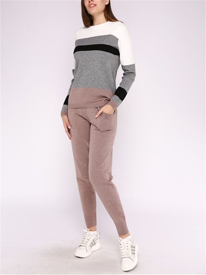 Casual Round Collar Contrast Knit Suits