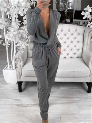 Casual Plain Surplice Neck Long Sleeve Suits