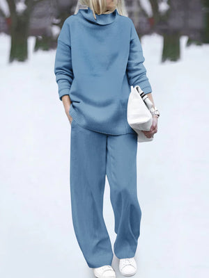 Casual Wild Pure Color Turtleneck Two-Piece Set