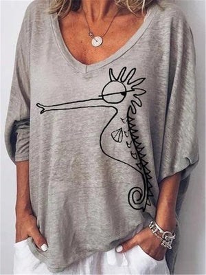 Casual Cute Hippo Print V Neck T Shirts