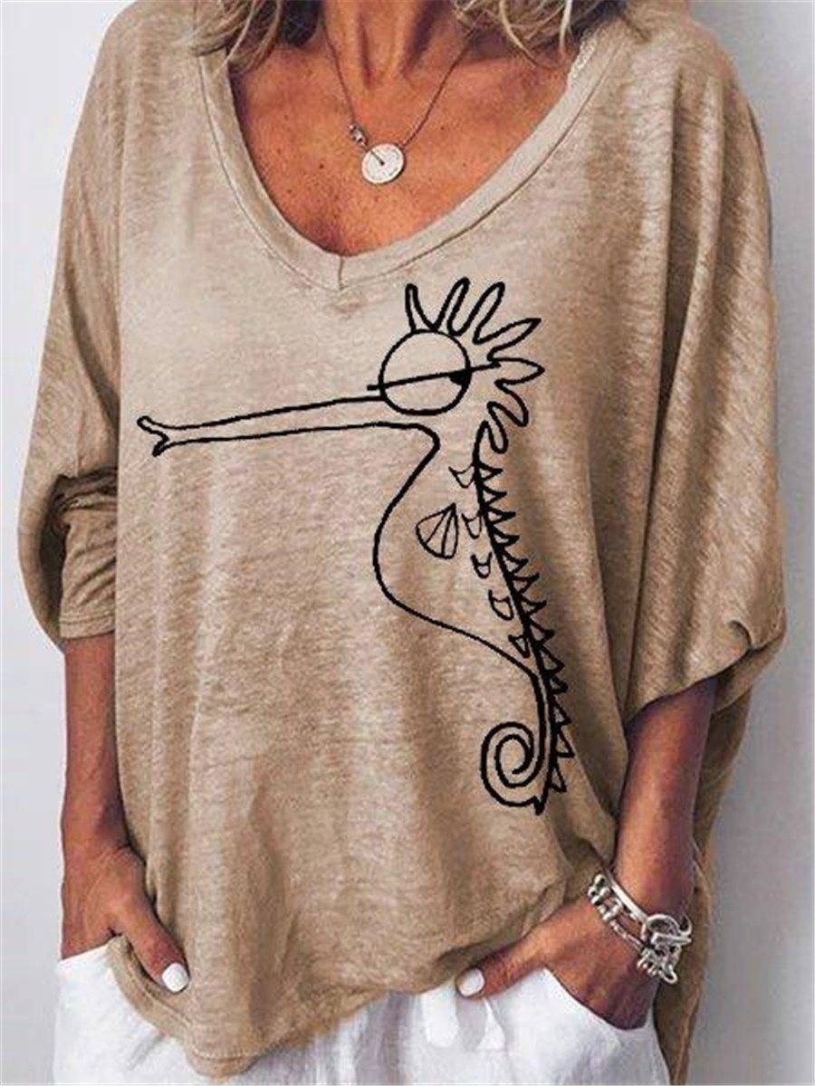 Casual Cute Hippo Print V Neck T Shirts