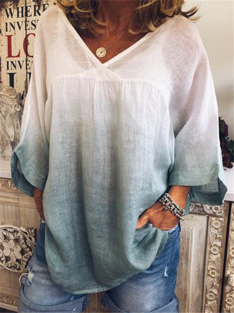 Stylish Gradient V Neck Bat Sleeve Blouses