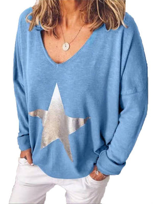 Stylish Casual V Neck Star Print Blouses