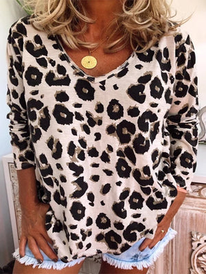 Leopard Print Loose V-Neck Long Sleeve T-Shirt