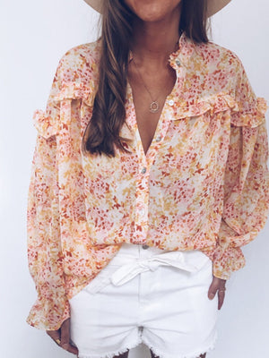 Fashion V-neck Loose Long Sleeve Floral Printed Blouse