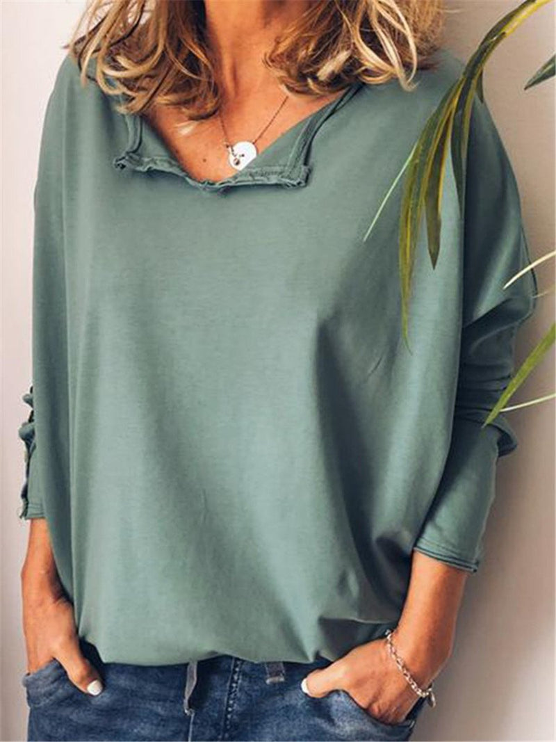 Fashion Solid Color Loose V Neck Blouses