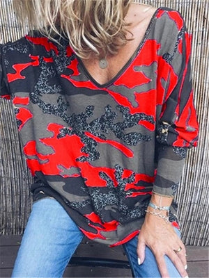 Casual Fashion Camouflage Print V Neck Blouses