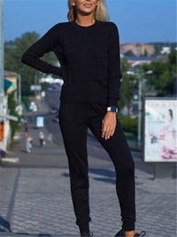 Casual Round Neck Solid Color Knitted Pants Suits