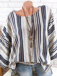 Casual Cotton Linen Stripe Print T Shirt