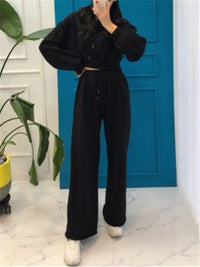 Casual Solid Color Hooded Wide Leg Pants Suits