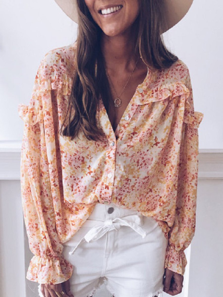 Fashion V-neck Loose Long Sleeve Floral Printed Blouse