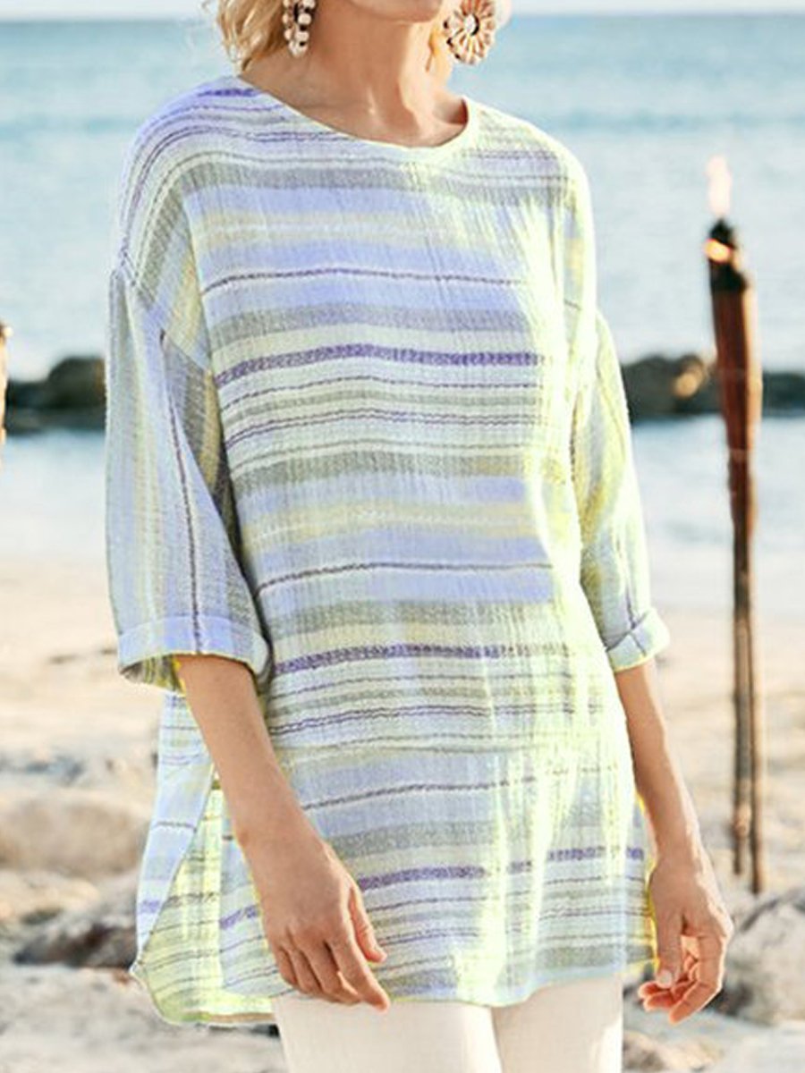 Crew Neck Mid-Length Sleeves Striped Blouse