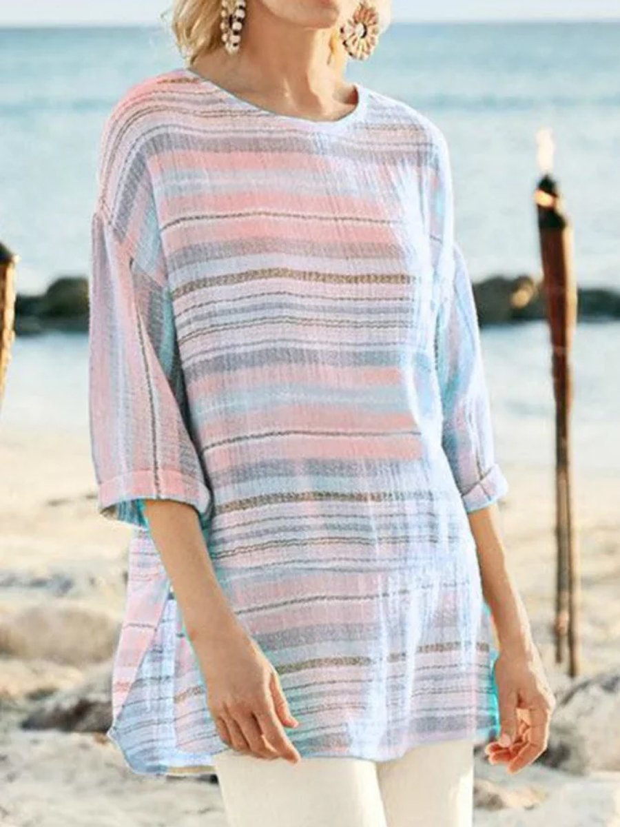 Crew Neck Mid-Length Sleeves Striped Blouse