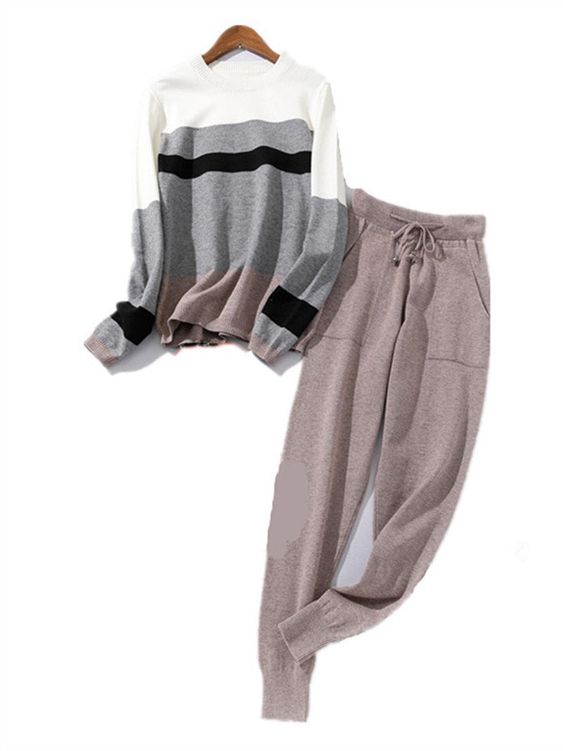 Casual Round Collar Contrast Knit Suits