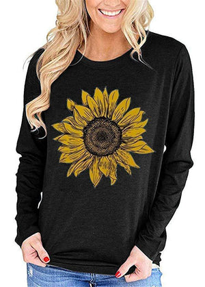 Loose Casual Long Sleeve Sunflower Stitch T-Shirt Top