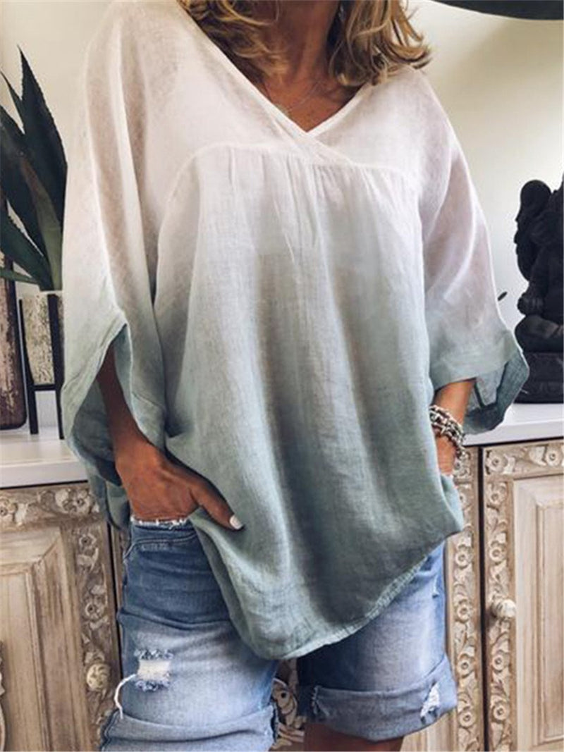 Stylish Gradient V Neck Bat Sleeve Blouses