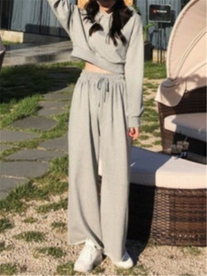 Casual Solid Color Hooded Wide Leg Pants Suits