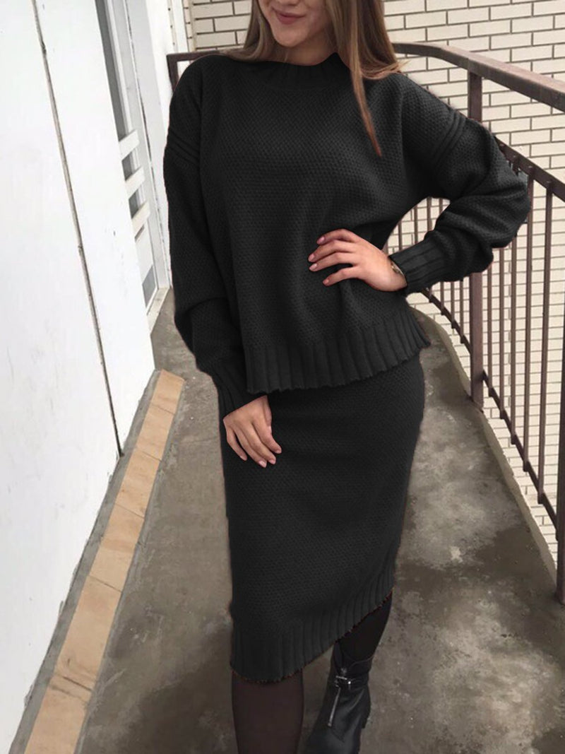 Casual Round Neck Solid Color Knit Skirt Suits