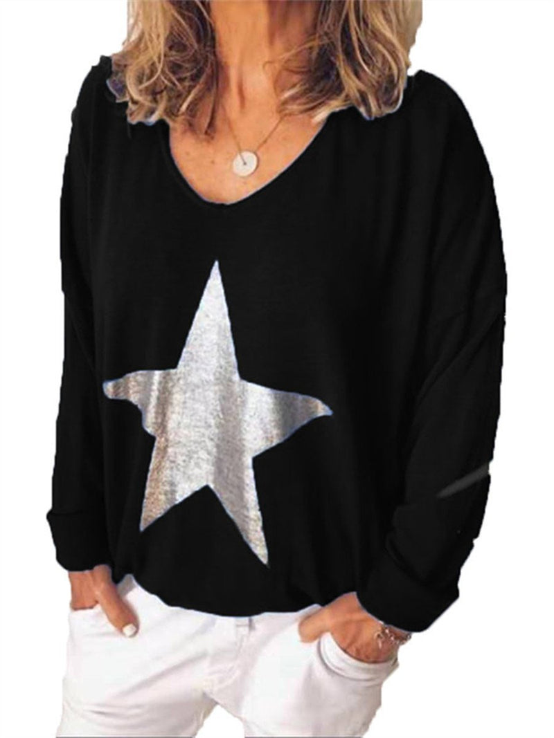 Stylish Casual V Neck Star Print Blouses