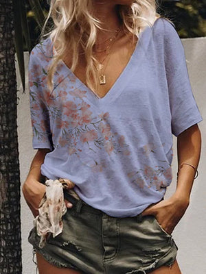 V-Neck Printed Loose Fashion T-Shirt