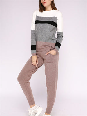 Casual Round Collar Contrast Knit Suits