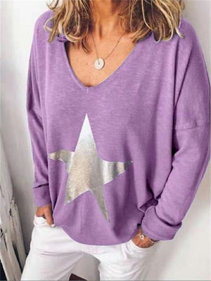 Stylish Casual V Neck Star Print Blouses