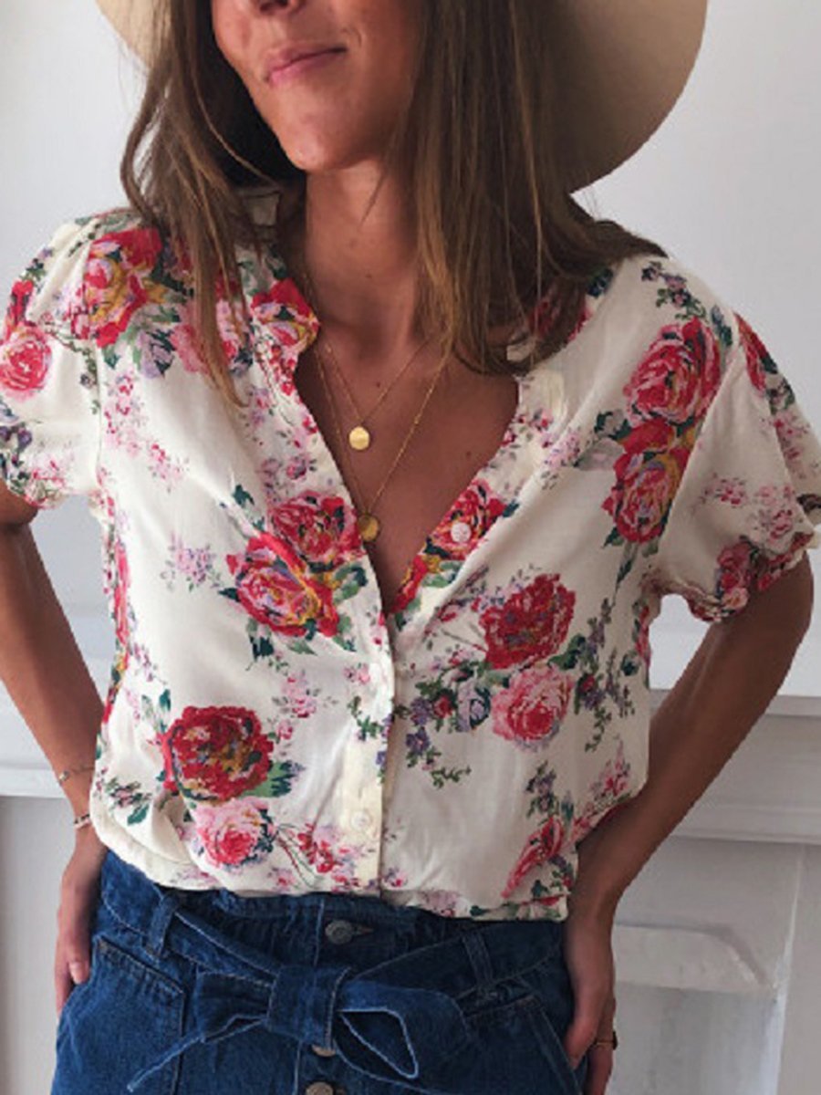 Summer Short Sleeve Tops Floral Printed Shirt