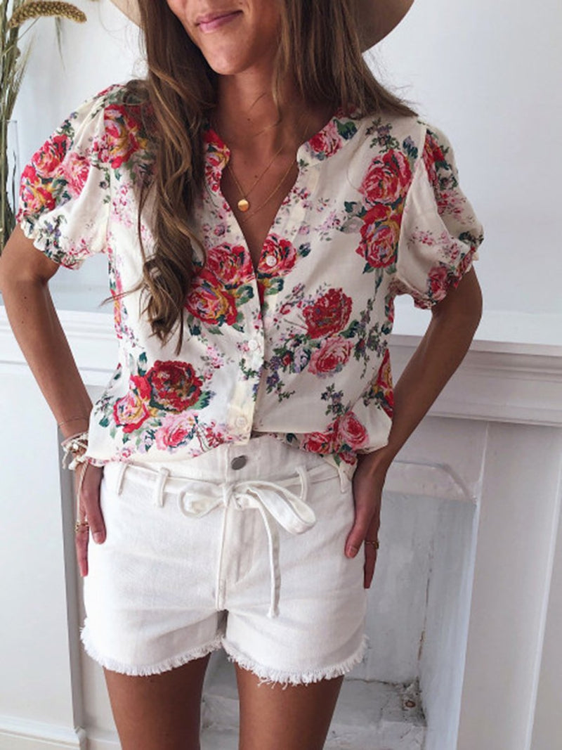 Summer Short Sleeve Tops Floral Printed Shirt