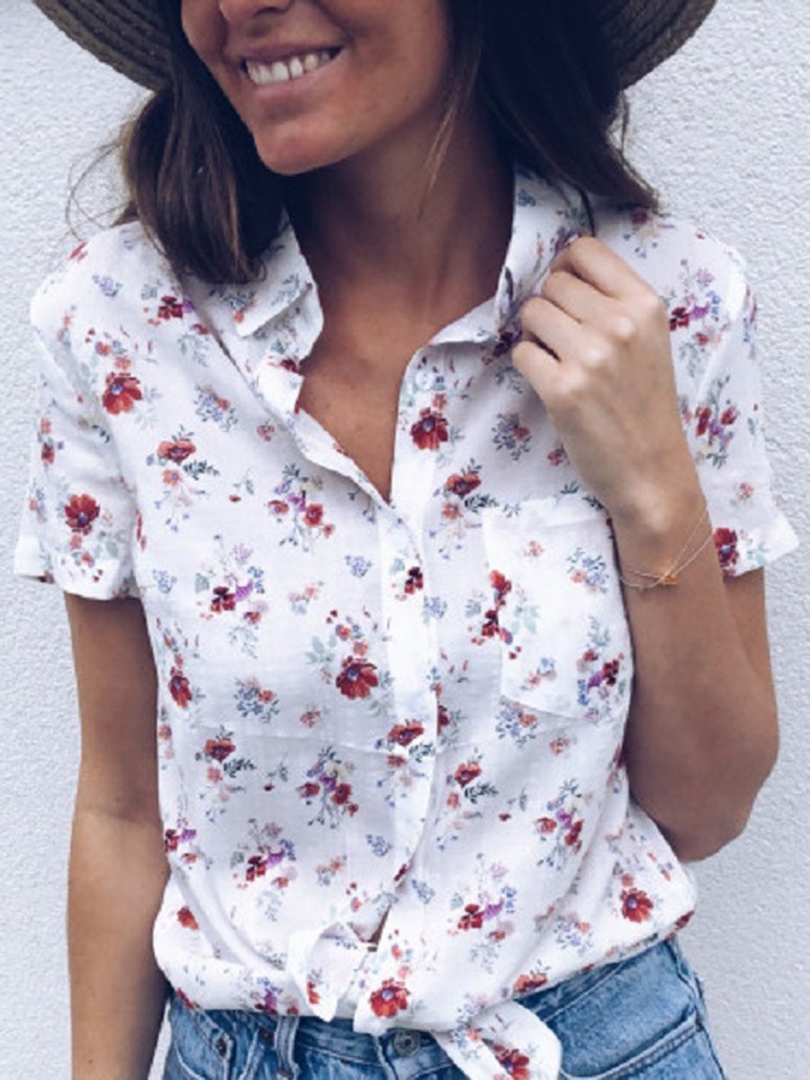 Summer Short Sleeve Tops Floral Printed Boho Shirt