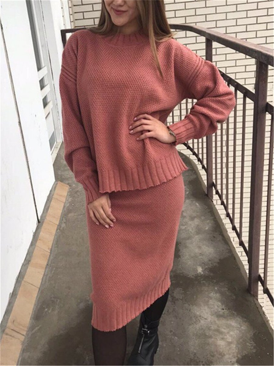 Casual Round Neck Solid Color Knit Skirt Suits