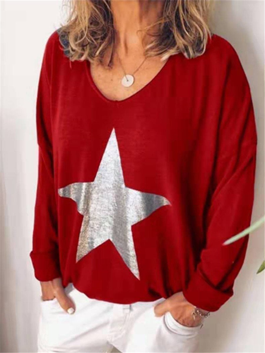 Stylish Casual V Neck Star Print Blouses