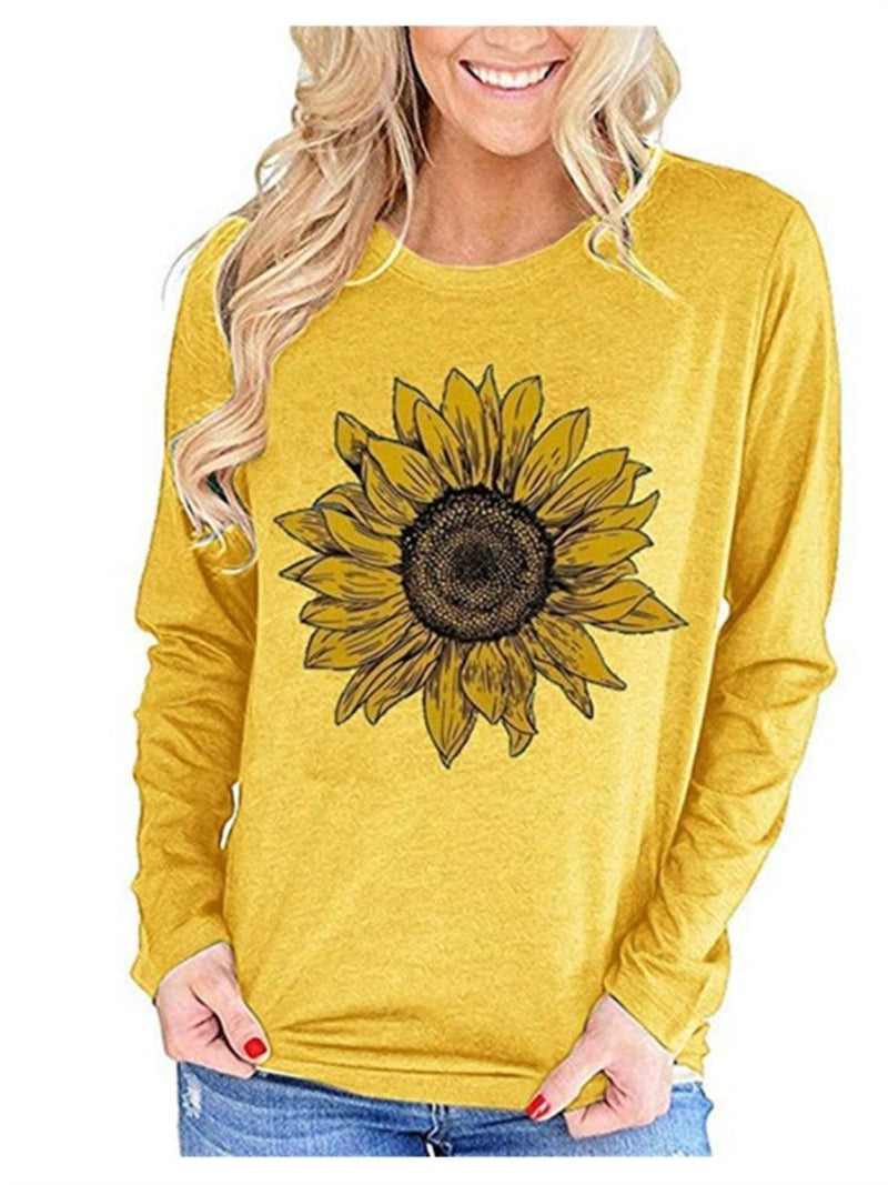 Loose Casual Long Sleeve Sunflower Stitch T-Shirt Top