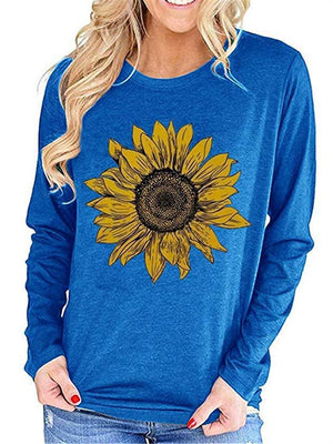 Loose Casual Long Sleeve Sunflower Stitch T-Shirt Top