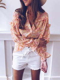 Fashion V-neck Loose Long Sleeve Floral Printed Blouse