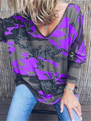 Casual Fashion Camouflage Print V Neck Blouses