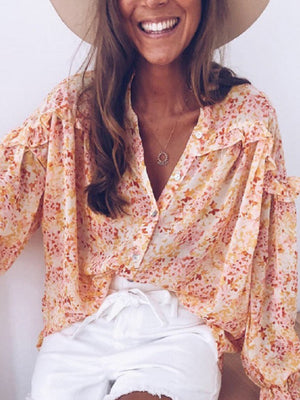 Fashion V-neck Loose Long Sleeve Floral Printed Blouse