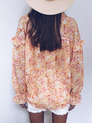 Fashion V-neck Loose Long Sleeve Floral Printed Blouse