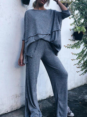 3/4 Sleeve Knitted Two Pieces Pants Sets Suits