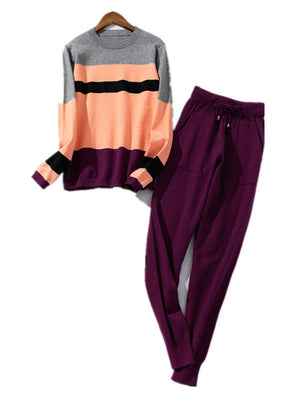 Casual Round Collar Contrast Knit Suits