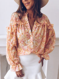 Fashion V-neck Loose Long Sleeve Floral Printed Blouse