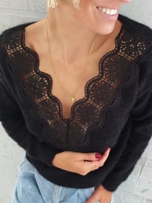 Fashion Casual V-neck Lace Long Sleeve T-shirt