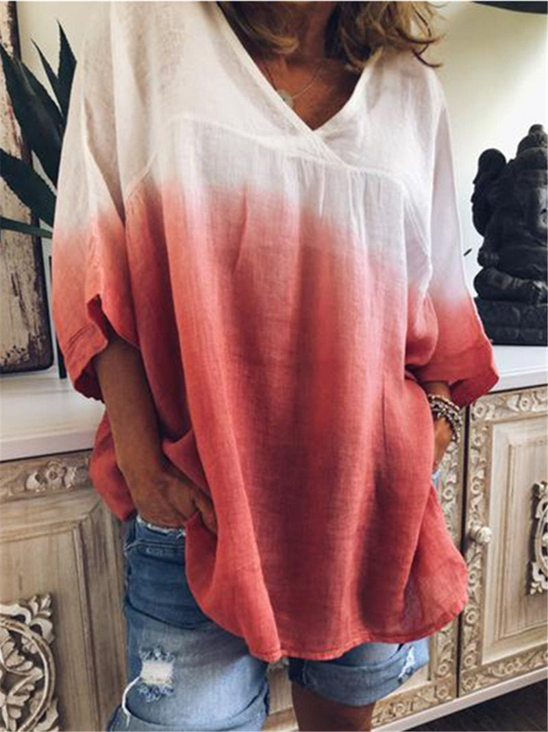 Stylish Gradient V Neck Bat Sleeve Blouses